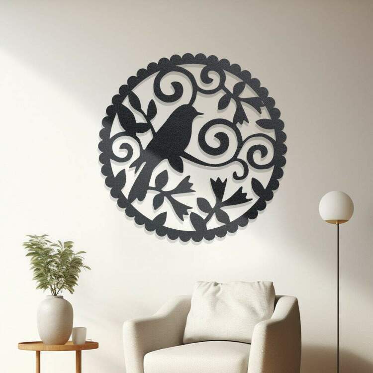 Quadro Decorativo Vazado Redondo Pssaro Arabesco