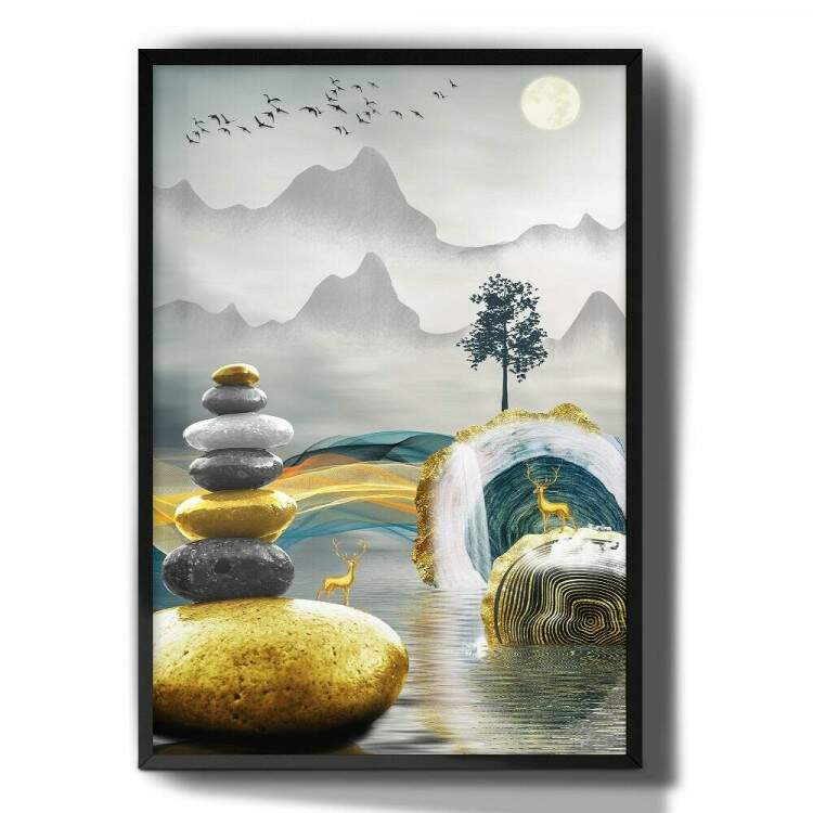 Quadro Decorativo Abstrato Pedras Douradas no Lago