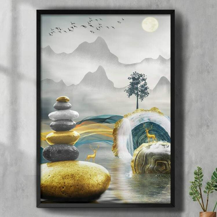 Quadro Decorativo Abstrato Pedras Douradas no Lago