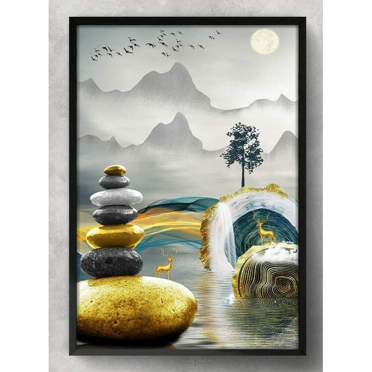 Quadro Decorativo Abstrato Pedras Douradas no Lago