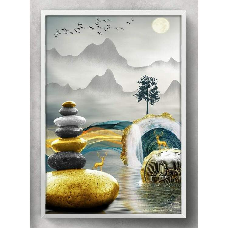 Quadro Decorativo Abstrato Pedras Douradas no Lago