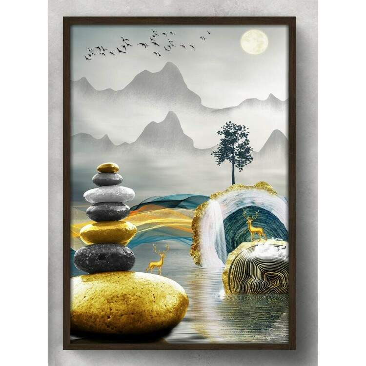 Quadro Decorativo Abstrato Pedras Douradas no Lago