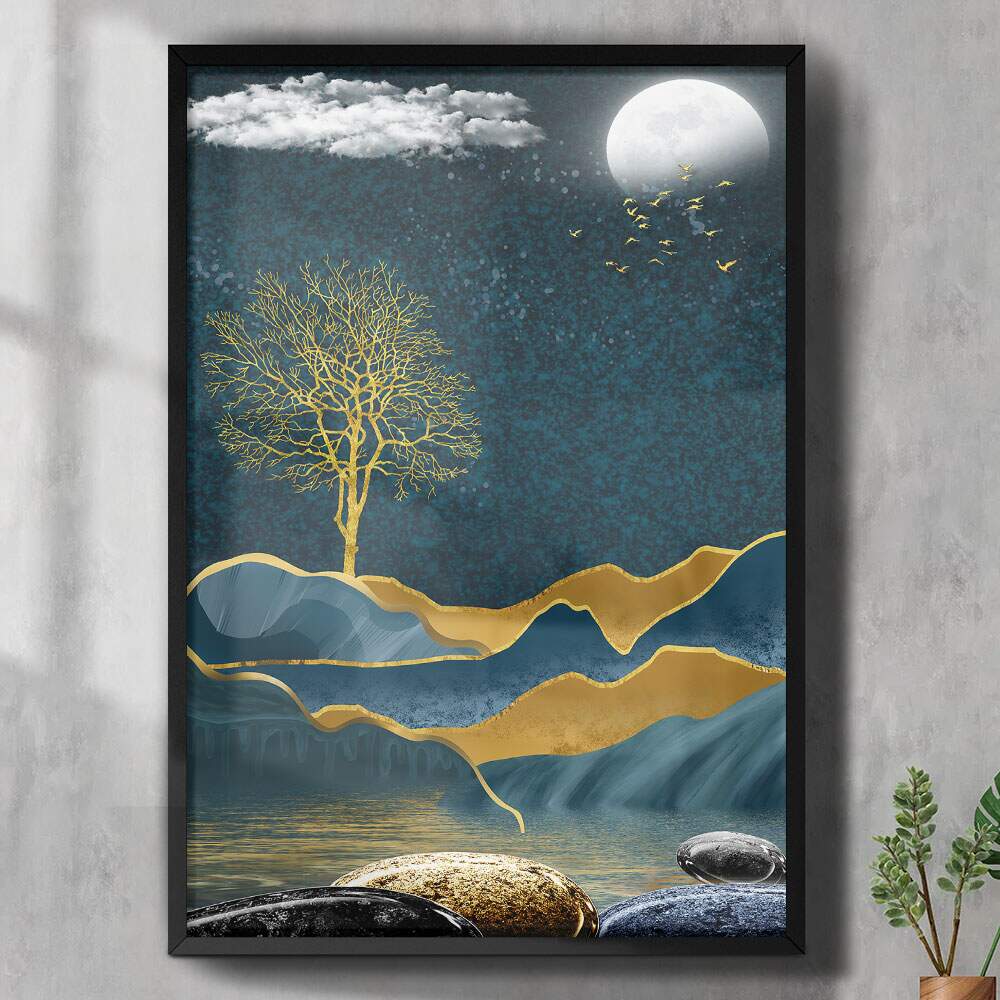 Quadro Decorativo Abstrato rvore Minimalista Tons Dourado