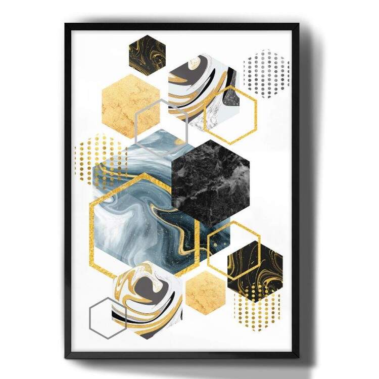 Quadro Decorativo Geomtrico Hexagonal Ouro Preto e Mrmore