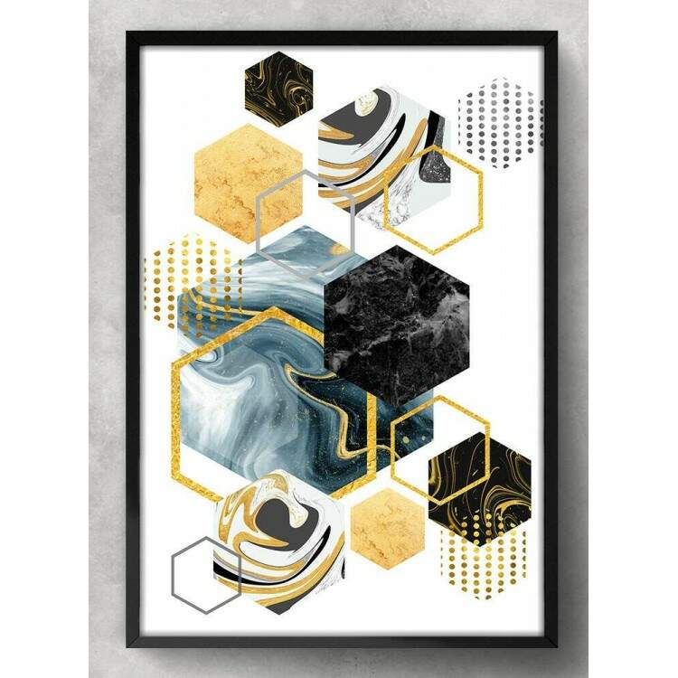 Quadro Decorativo Geomtrico Hexagonal Ouro Preto e Mrmore