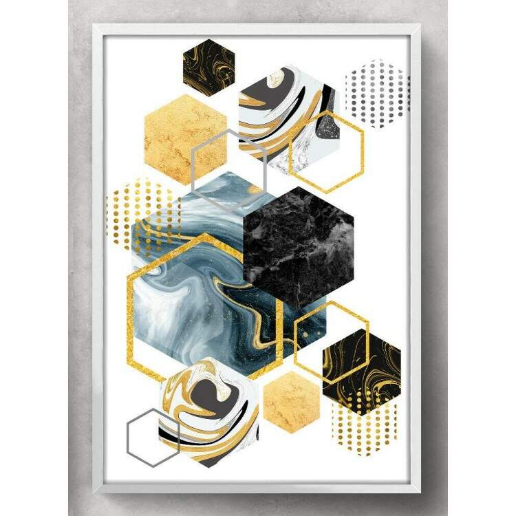 Quadro Decorativo Geomtrico Hexagonal Ouro Preto e Mrmore