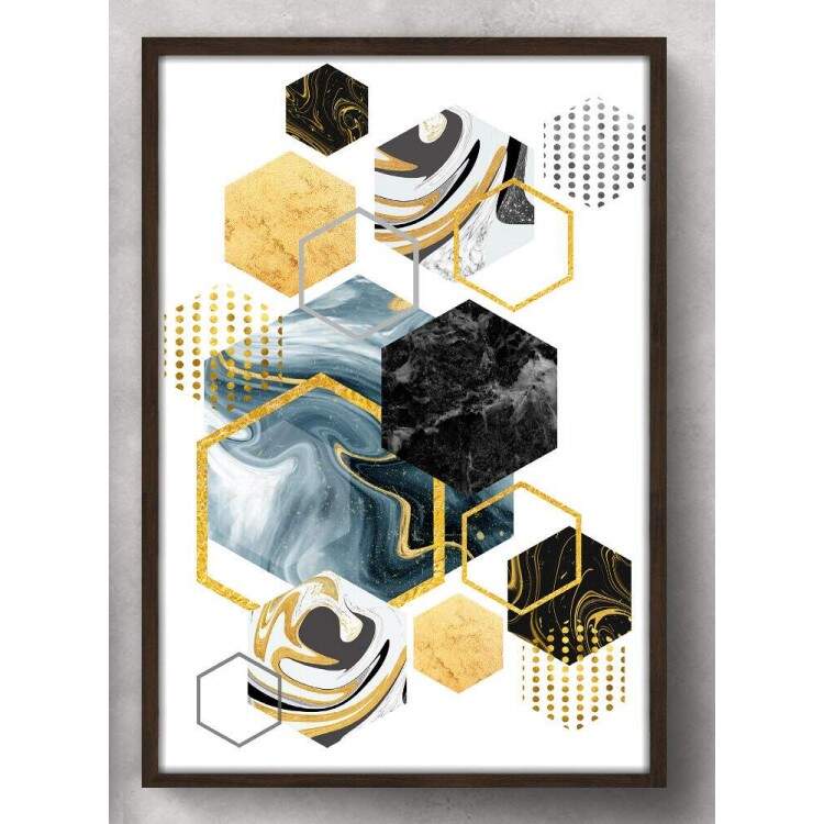 Quadro Decorativo Geomtrico Hexagonal Ouro Preto e Mrmore