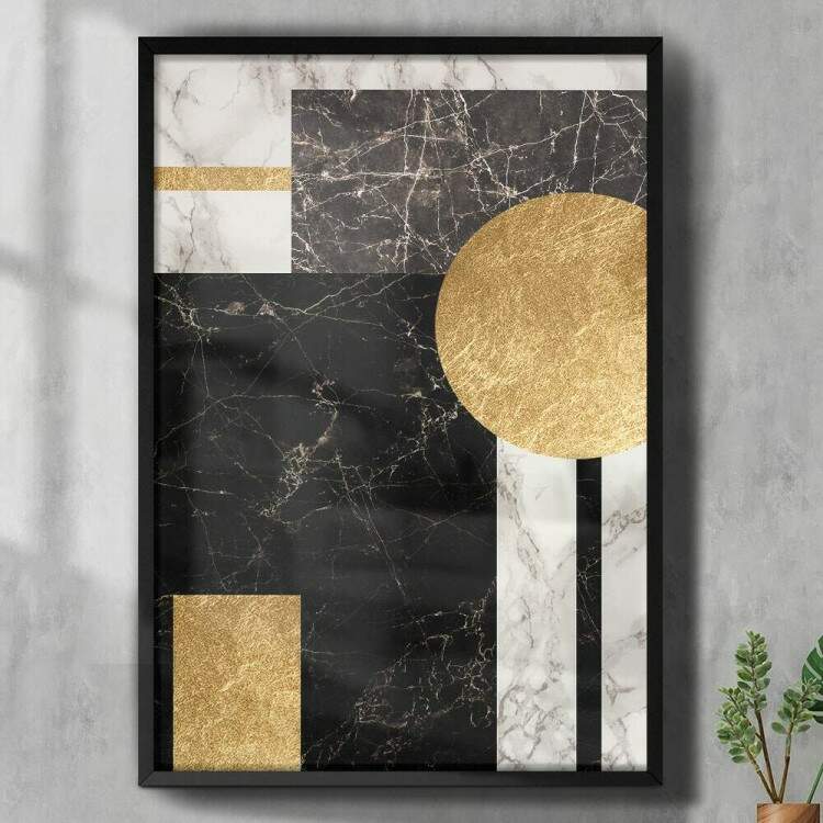 Quadro Decorativo Geomtrico Mrmore Dourado Marrom e Branco