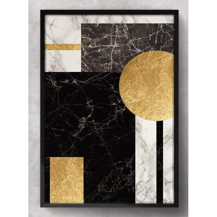 Quadro Decorativo Geomtrico Mrmore Dourado Marrom e Branco