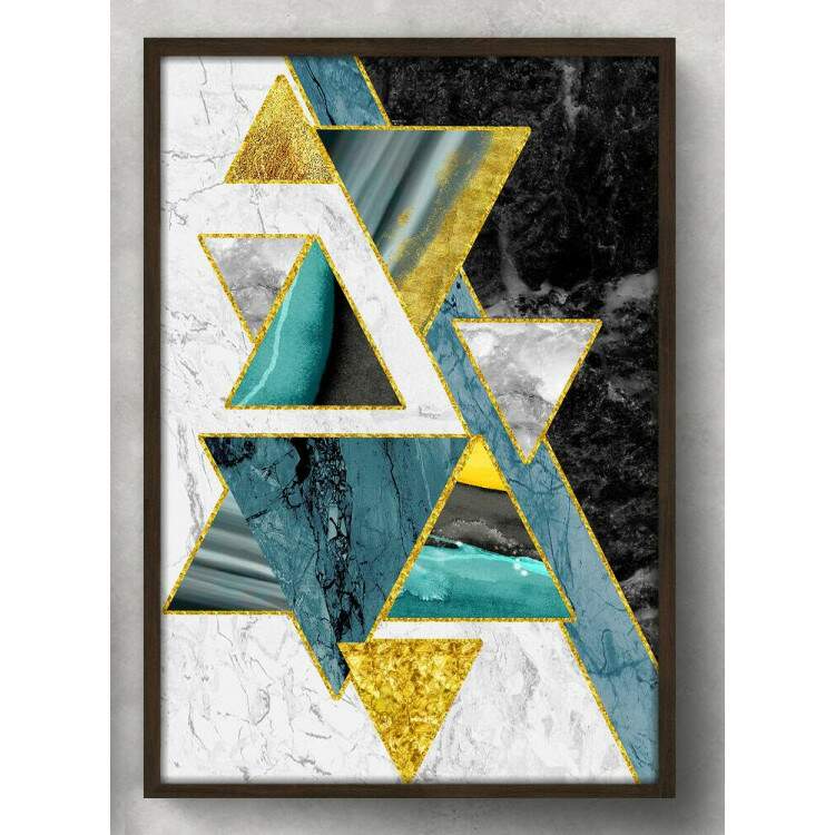 Quadro Decorativo Tringulos Turquesa Dourado e Preto