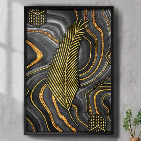 Quadro Decorativo Mrmore Minimalista Folha Dourada