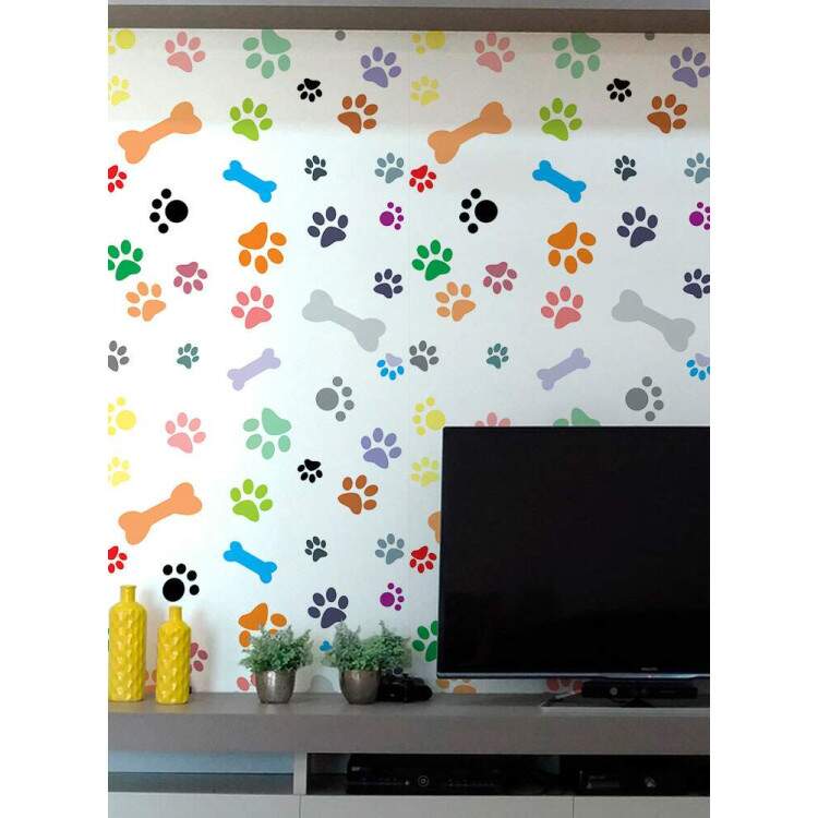 Papel de Parede Animal Print Dogs Patas e Ossinhos