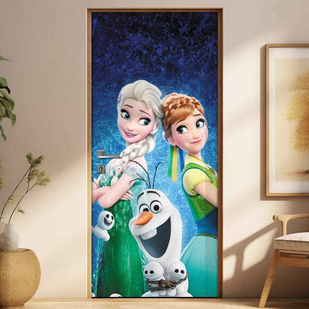 Adesivo Para Porta Elsa Anna E Olaf