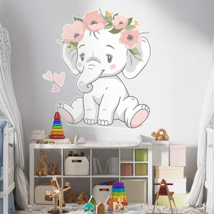 Adesivo de Parede Infantil Elefantinha com Coroa de Flores