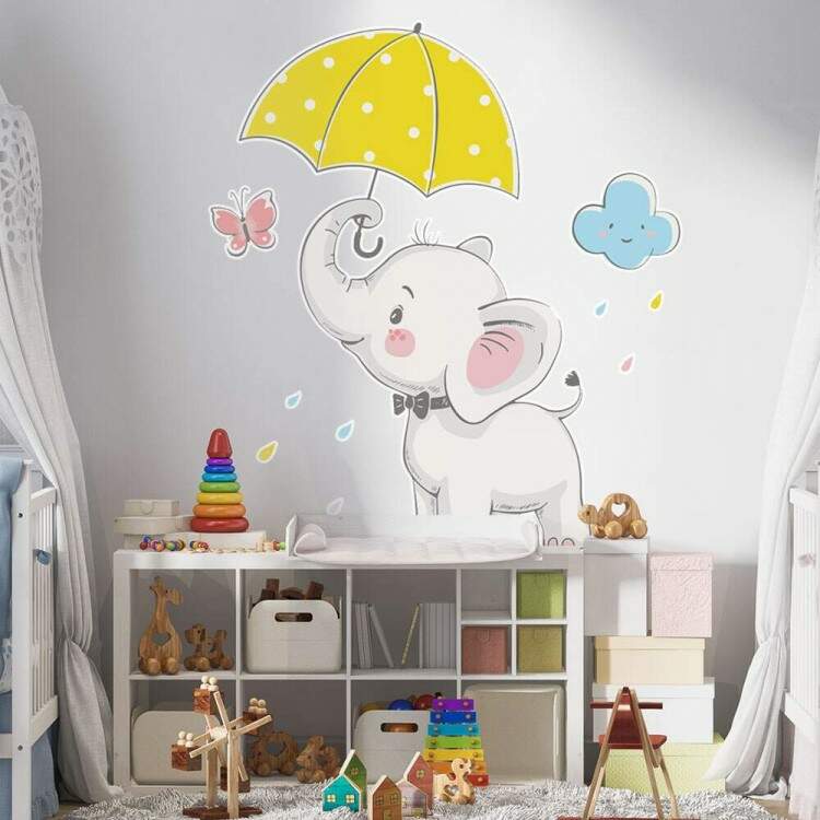 Adesivo de Parede Infantil Elefantinho com Guarda Chuva amarelo