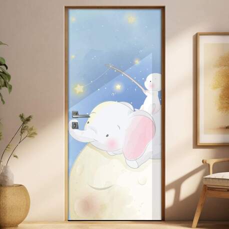 Adesivo Para Porta Elefantinho E Coelho Na Lua