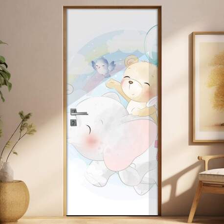 Adesivo Para Porta Elefantinho E Ursinho Nas Nuvens