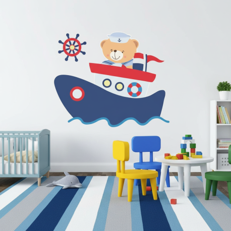 Adesivo de parede Infantil Ursinho Marinheiro no Barquinho