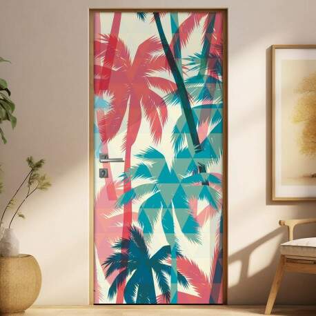 Adesivo Para Porta Jateado Impresso Palmeiras Abstrato Azul Vermelho