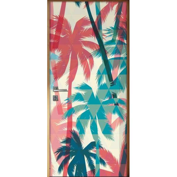 Adesivo Para Porta Jateado Impresso Palmeiras Abstrato Azul Vermelho