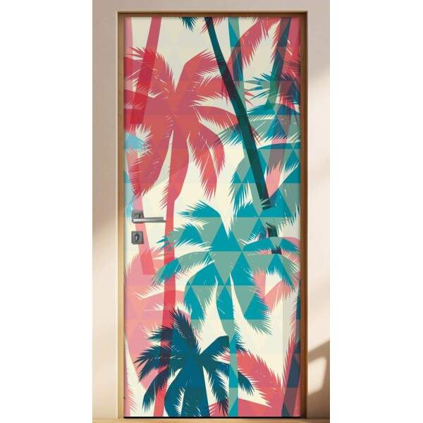 Adesivo Para Porta Jateado Impresso Palmeiras Abstrato Azul Vermelho