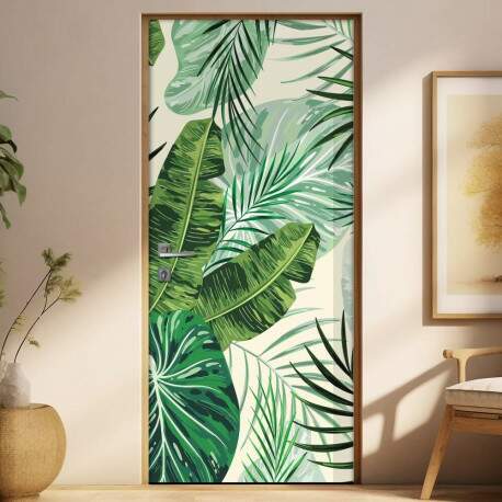 Adesivo Para Porta Jateado Impresso Folhas Tropical