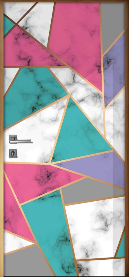 Adesivo Para Porta Jateado Impresso Abstrato Geometrico Rosa Verde E Dourado