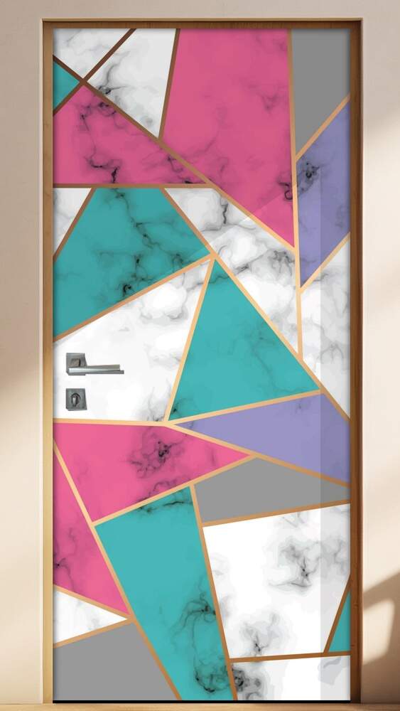 Adesivo Para Porta Jateado Impresso Abstrato Geometrico Rosa Verde E Dourado