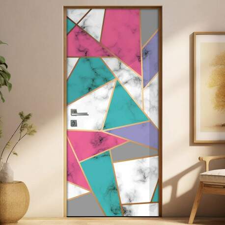 Adesivo Para Porta Jateado Impresso Abstrato Geometrico Rosa Verde E Dourado