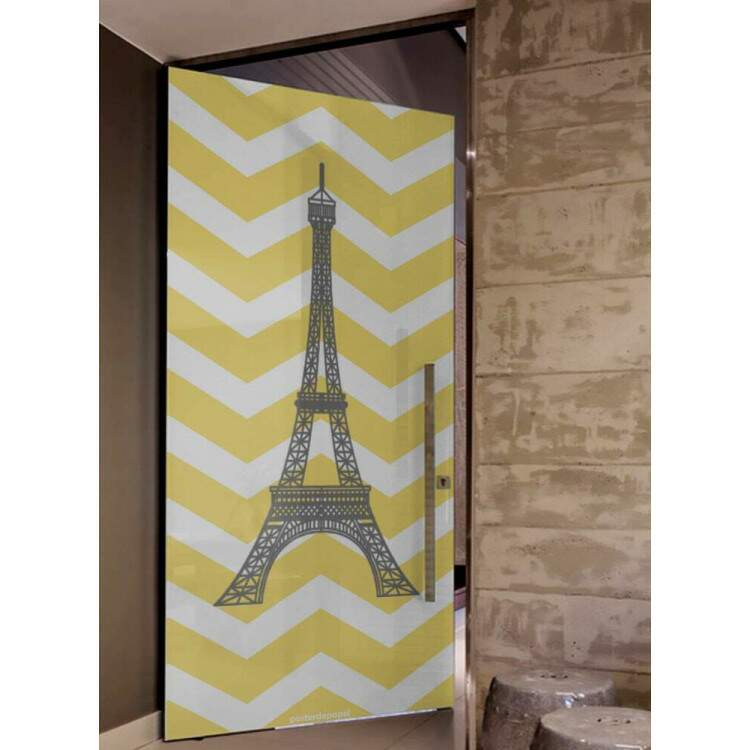 Adesivo Para Porta Jateado Impresso Chevron Amarelo Torre Eiffel