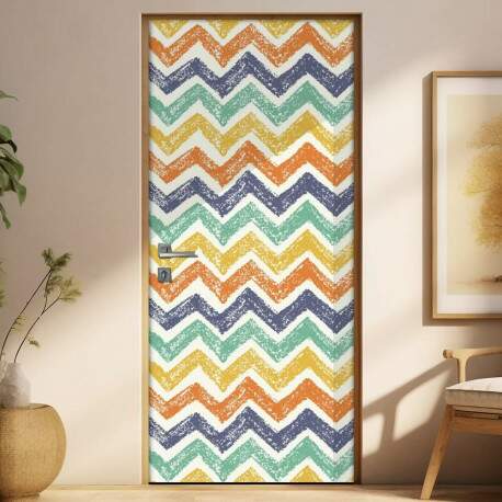 Adesivo Para Porta Jateado Impresso Chevron Azul Verde Amarelo