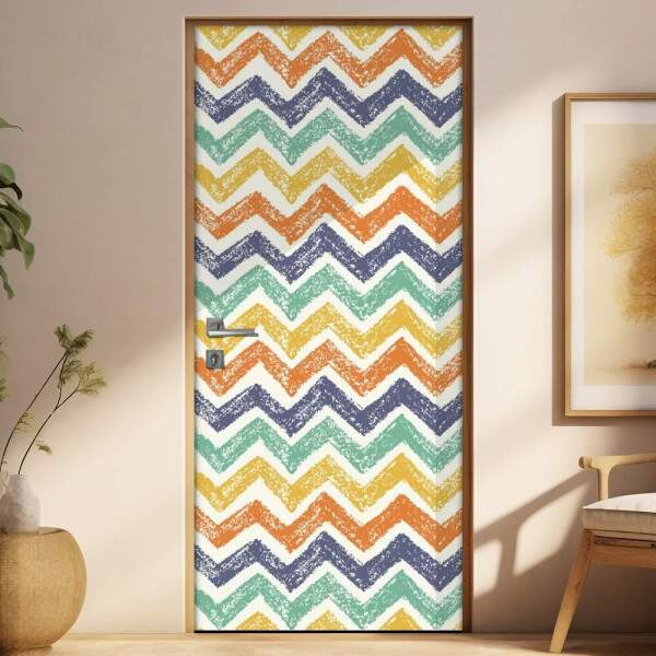 Adesivo Para Porta Jateado Impresso Chevron Azul Verde Amarelo