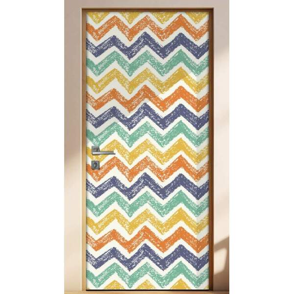 Adesivo Para Porta Jateado Impresso Chevron Azul Verde Amarelo
