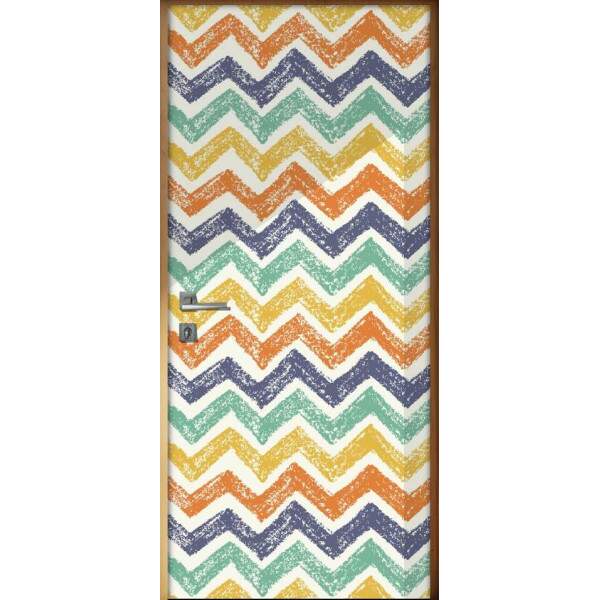 Adesivo Para Porta Jateado Impresso Chevron Azul Verde Amarelo