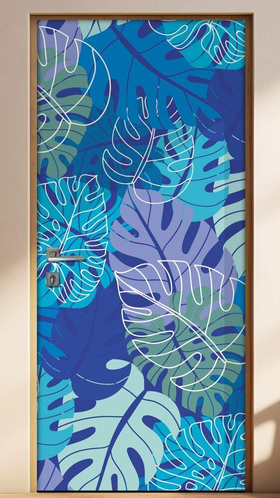 Adesivo Para Porta Jateado Impresso Floresta Azul Folhas Abstrato