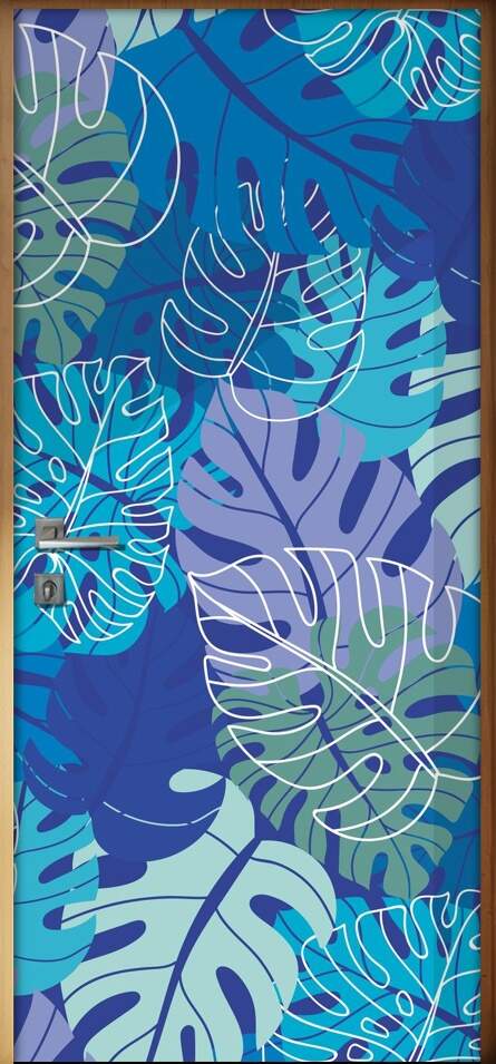 Adesivo Para Porta Jateado Impresso Floresta Azul Folhas Abstrato