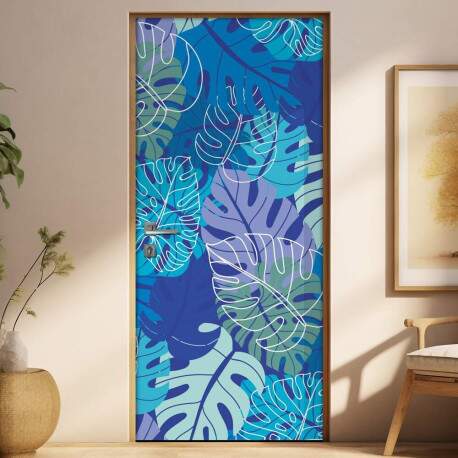 Adesivo Para Porta Jateado Impresso Floresta Azul Folhas Abstrato