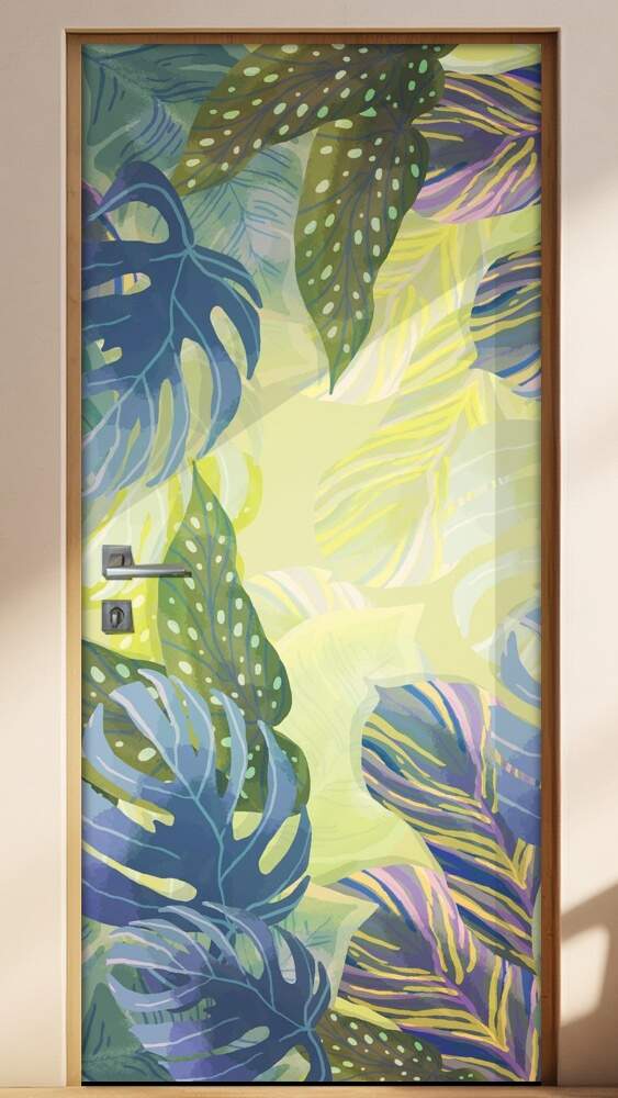 Adesivo Para Porta Jateado Impresso Folhas Abstrato 02