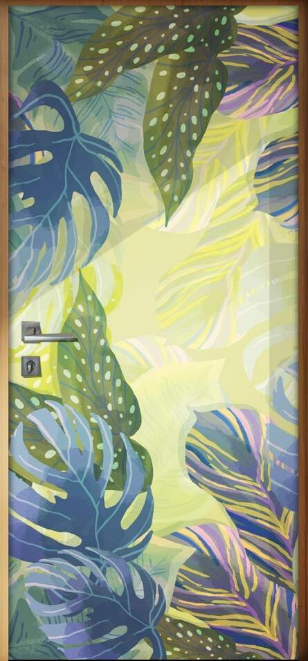 Adesivo Para Porta Jateado Impresso Folhas Abstrato 02