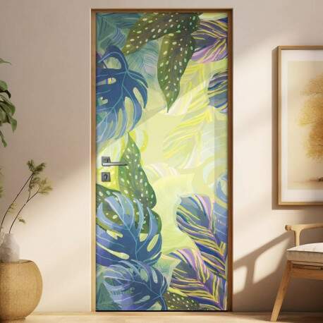 Adesivo Para Porta Jateado Impresso Folhas Abstrato 02