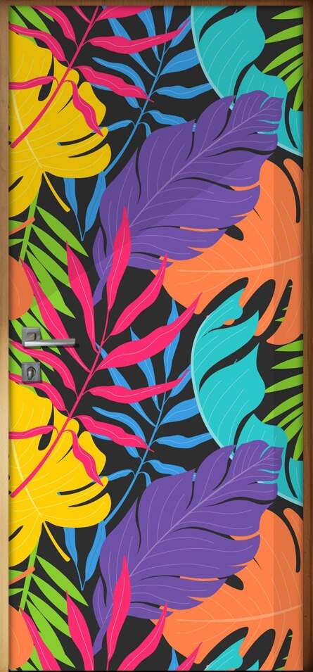 Adesivo Para Porta Jateado Impresso Folhas Amarelo Roxo Lilas