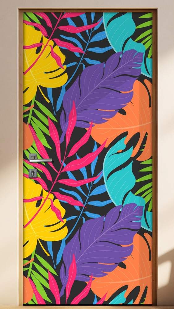 Adesivo Para Porta Jateado Impresso Folhas Amarelo Roxo Lilas