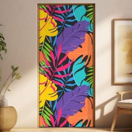 Adesivo Para Porta Jateado Impresso Folhas Amarelo Roxo Lilas