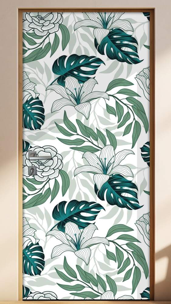 Adesivo Para Porta Jateado Impresso Folhas Tropical Abstrato