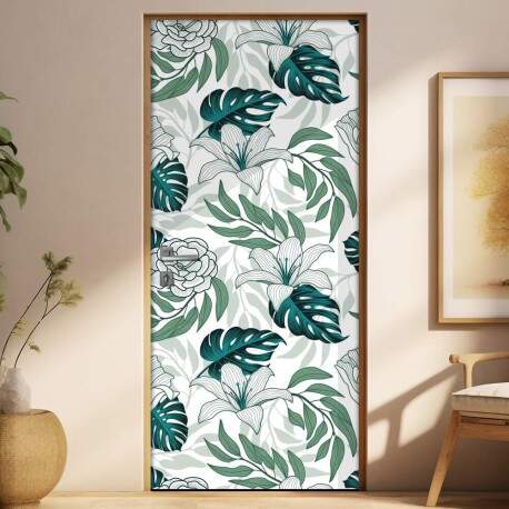 Adesivo Para Porta Jateado Impresso Folhas Tropical Abstrato