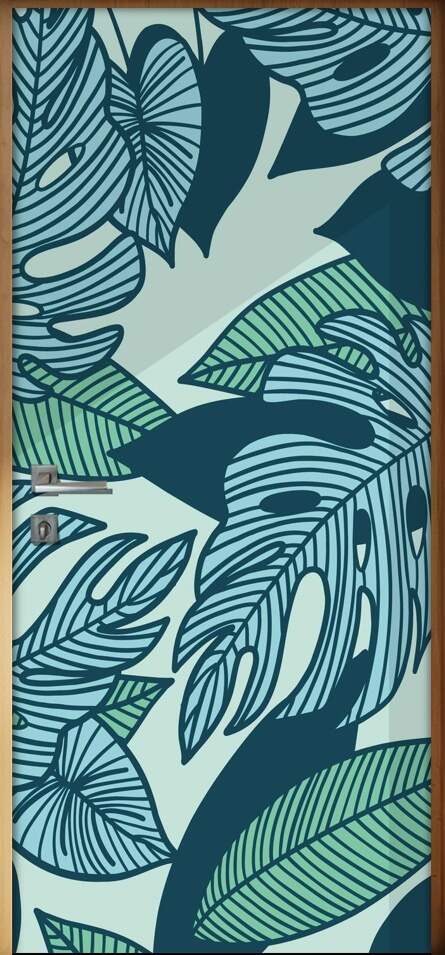 Adesivo Para Porta Jateado Impresso Folhas Tropical Azul