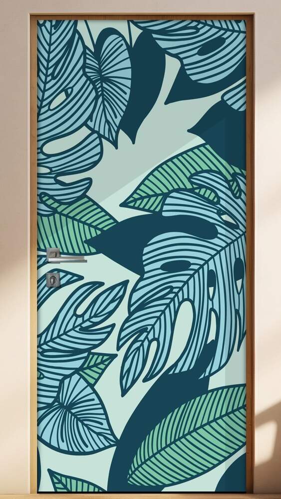 Adesivo Para Porta Jateado Impresso Folhas Tropical Azul