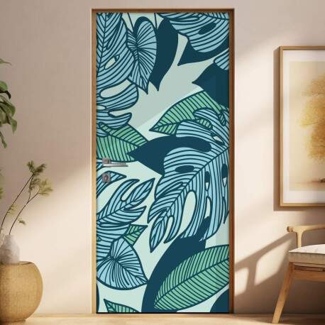 Adesivo Para Porta Jateado Impresso Folhas Tropical Azul