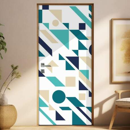 Adesivo Para Porta Jateado Impresso Geometrico Azul Verde Bege