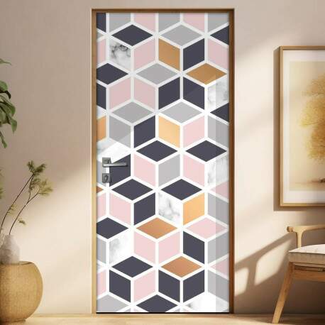 Adesivo Para Porta Jateado Impresso Geometrico Cubos Rosa Preto Cinza E Amarelo